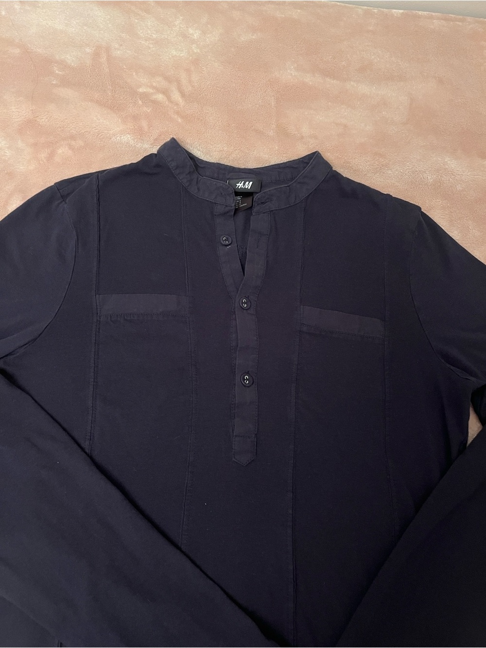 H&M Men’s Dark Navy Band Collar Henley Long Sleeve Shirt